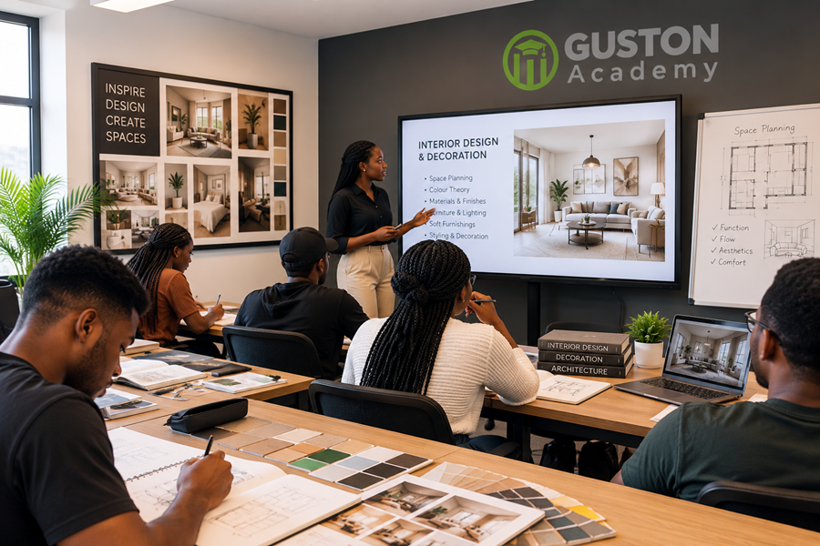 Instructor teaching students interior design and decoration at Guston Academy